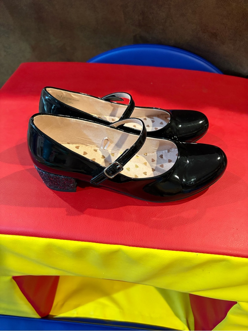 SO Black Patent Mary Jane Shoes with Blue and Red Accents